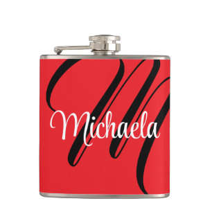 Minimalistic modern monogram initial name red hip flask