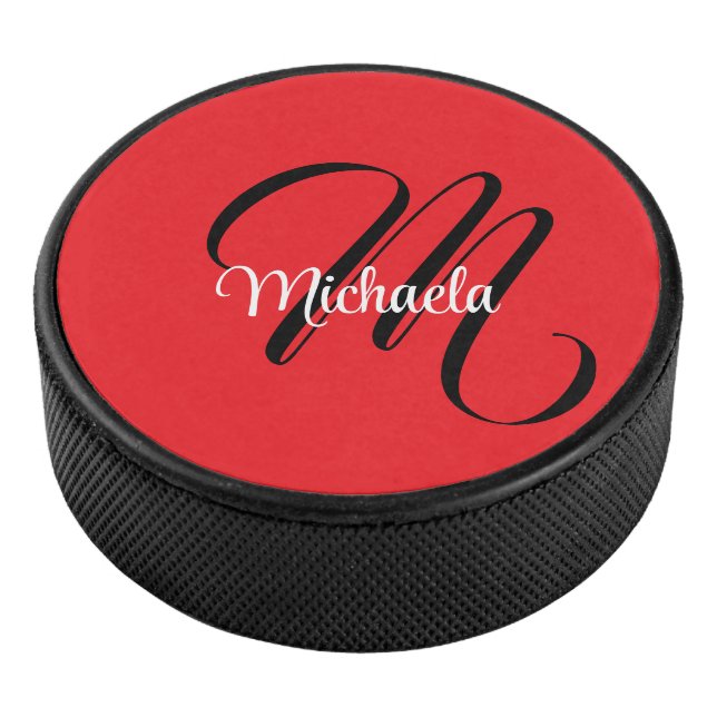 Minimalistic modern monogram initial name red hockey puck (3/4)