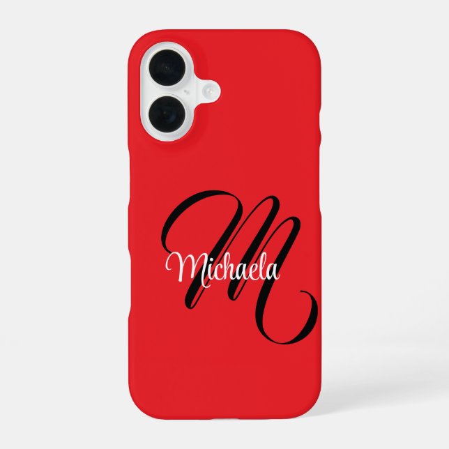 Minimalistic modern monogram initial name red iPhone 16 case (Back)