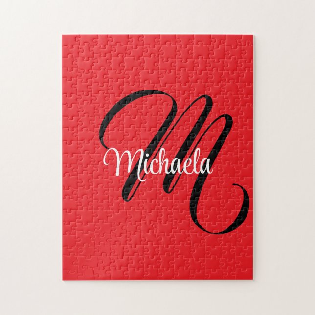Minimalistic modern monogram initial name red jigsaw puzzle (Vertical)