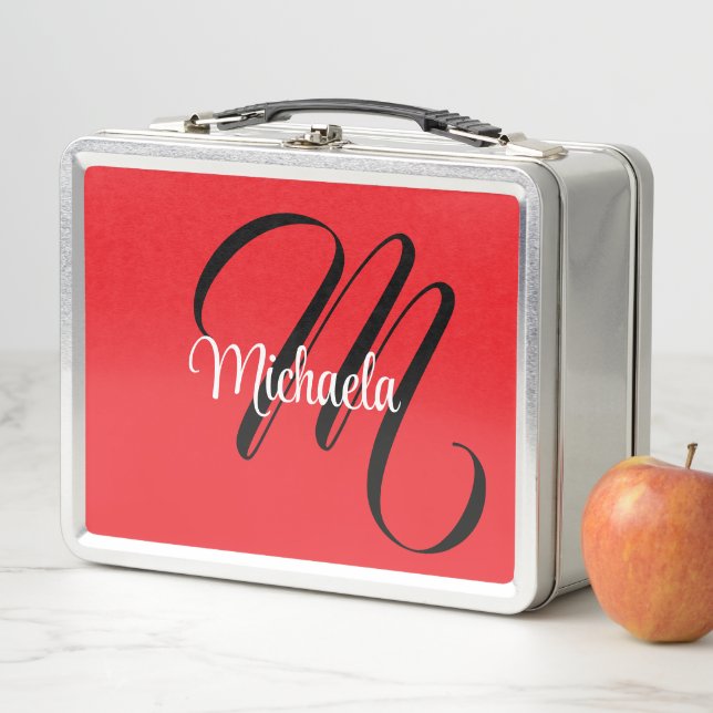 Minimalistic modern monogram initial name red metal lunch box (In Situ)