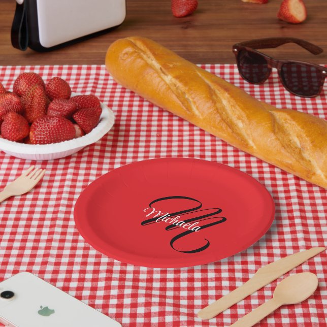 Minimalistic modern monogram initial name red paper plate (Picnic)