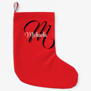 Minimalistic modern monogram initial name red small christmas stocking