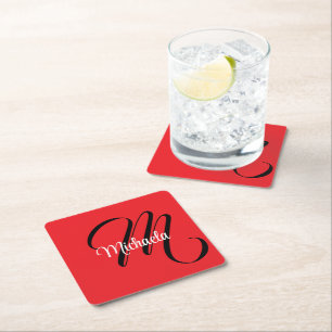 Minimalistic modern monogram initial name red square paper coaster