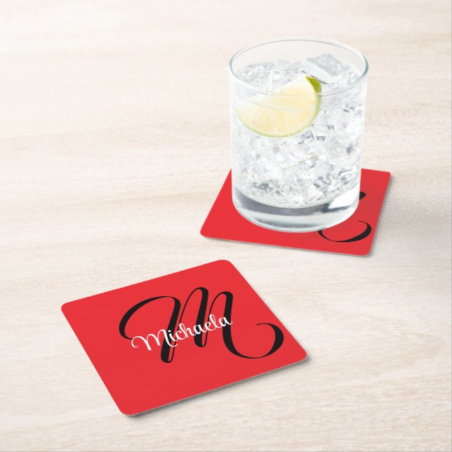 Minimalistic modern monogram initial name red square paper coaster (Insitu)