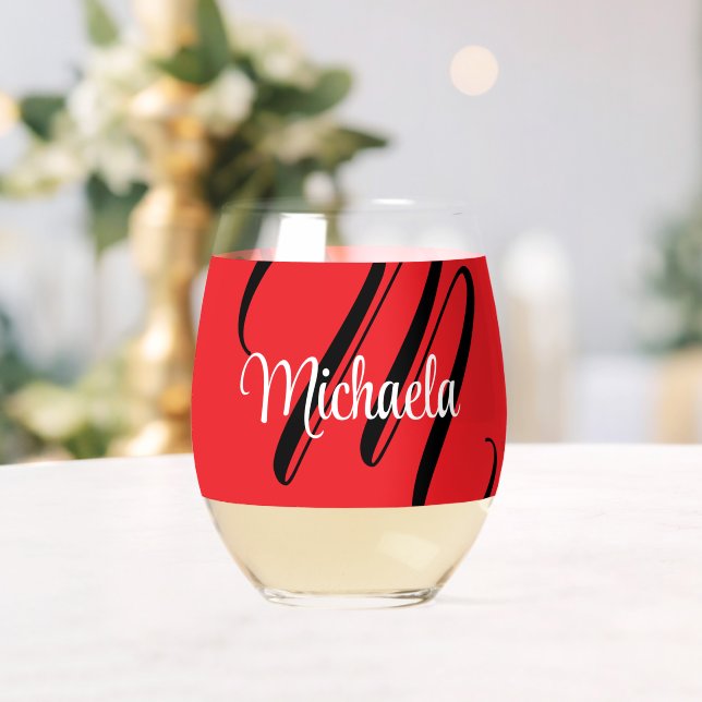 Minimalistic modern monogram initial name red stemless wine glass (Insitu (Wedding))