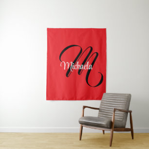 Minimalistic modern monogram initial name red tapestry