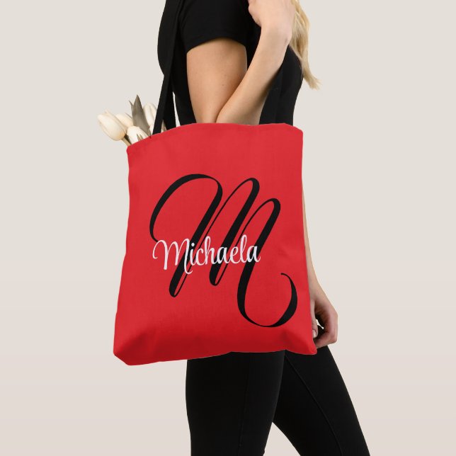 Minimalistic modern monogram initial name red tote bag (Close Up)