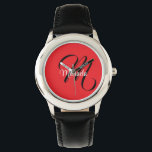 Minimalistic modern monogram initial name red watch<br><div class="desc">Minimalistic modern monogram initial name black white. Personalizable custom name with a cursive initial behind on a red colour.</div>