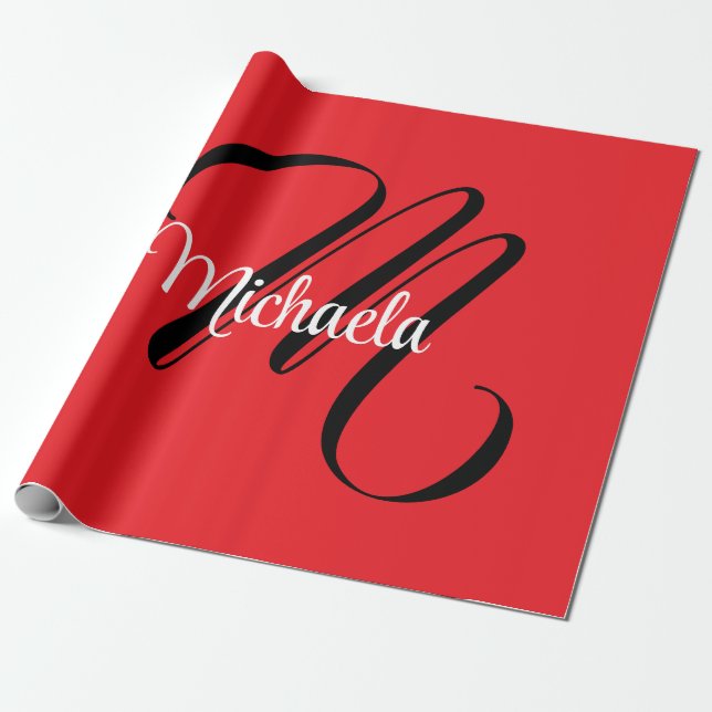 Minimalistic modern monogram initial name red wrapping paper (Unrolled)