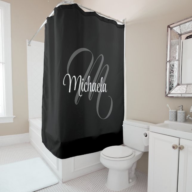 Minimalistic modern monogram initial name shower curtain (In Situ)