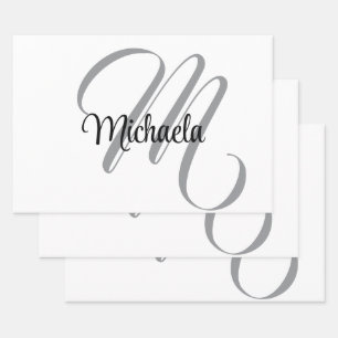 Minimalistic modern monogram initial name white wrapping paper sheet