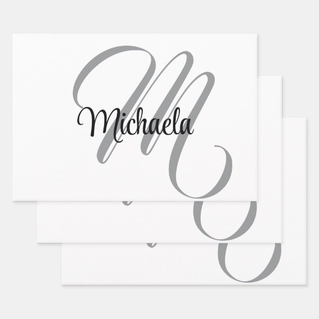 Minimalistic modern monogram initial name white wrapping paper sheet (Set)