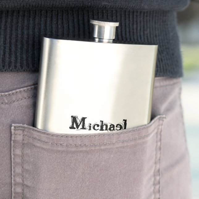 Minimalistic modern monogram name black grey hip flask (In Situ)