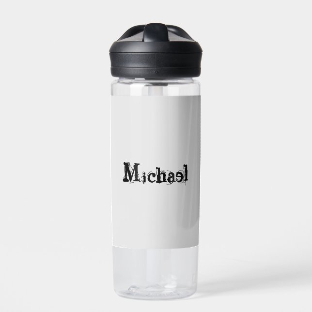 Minimalistic modern monogram name black grey water bottle (Front)