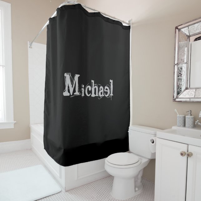 Minimalistic modern monogram name black white shower curtain (In Situ)