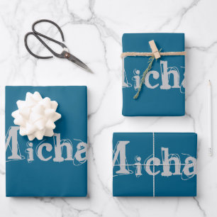 Minimalistic modern monogram name blue grey wrapping paper sheet