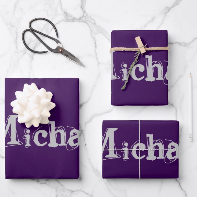 Minimalistic modern monogram name purple grey wrapping paper sheet (Front)