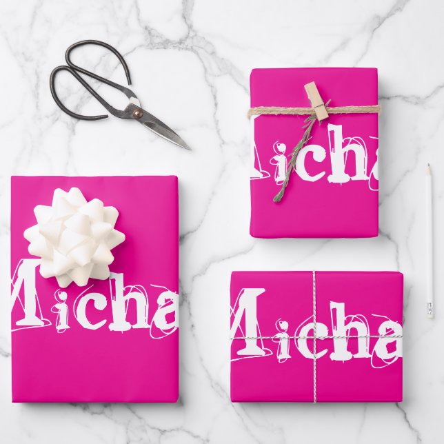 Minimalistic modern monogram name white hot pink wrapping paper sheet (Front)