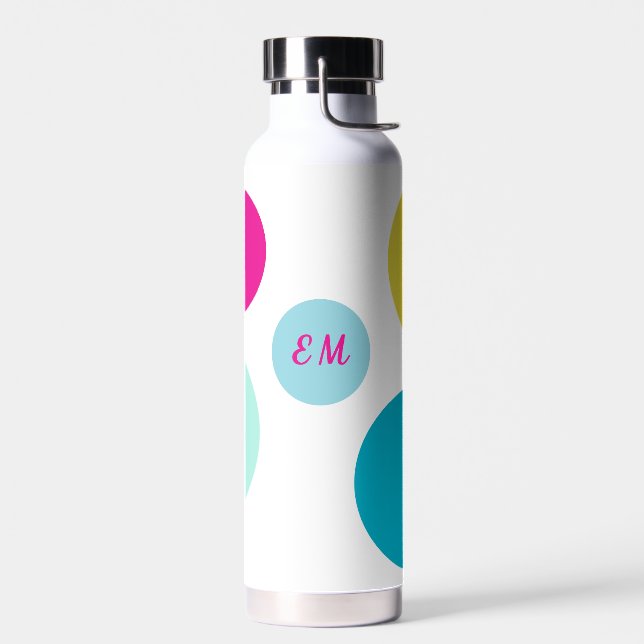 Minimalistic Monogram Aqua, Pink and Green-Blue Water Bottle (Left)