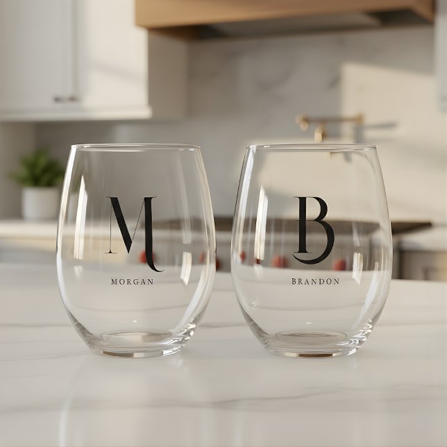 Minimalistic Monogram Custom Wedding Couple Names Stemless Wine Glass (Creator Uploaded)