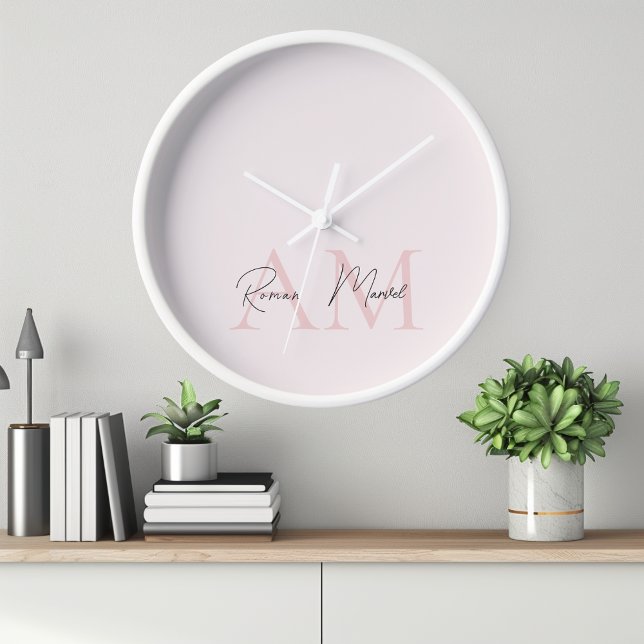 Minimalistic Monogram Initial & Name Pastel Pink  Clock (Creator Uploaded)