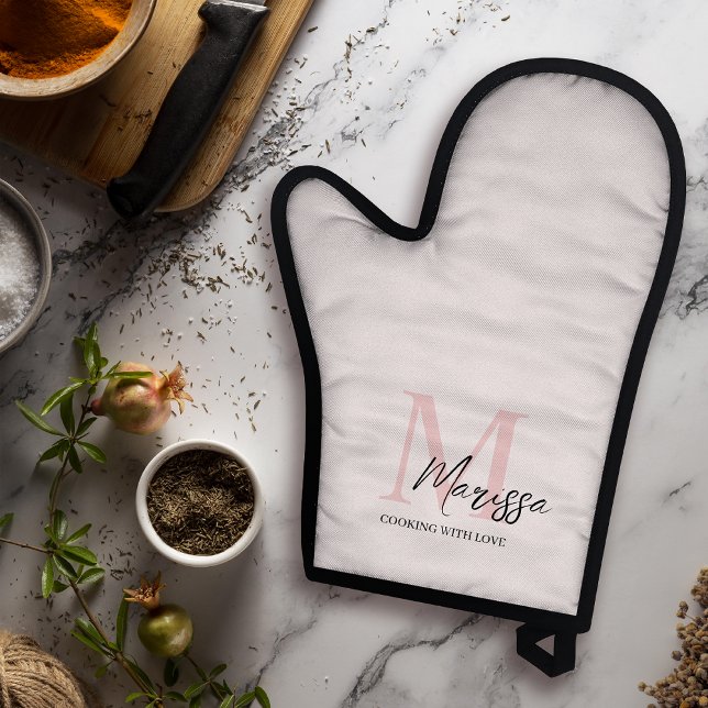 Minimalistic Monogram Initial & Name Pastel Pink  Oven Mitt & Pot Holder Set (Creator Uploaded)