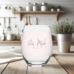 Minimalistic Monogram Initial & Name Pastel Pink Stemless Wine Glass