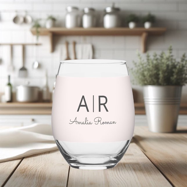 Minimalistic Monogram Initial & Name Pastel Pink Stemless Wine Glass (Creator Uploaded)