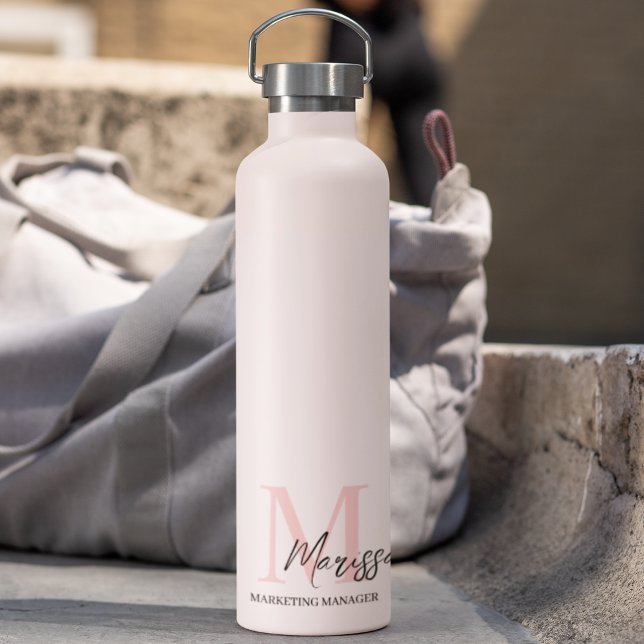 Minimalistic Monogram Initial & Name Pastel Pink  Water Bottle (Creator Uploaded)
