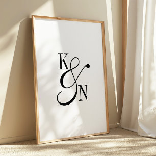 Minimalistic Monogram Wedding Black & White Script Poster
