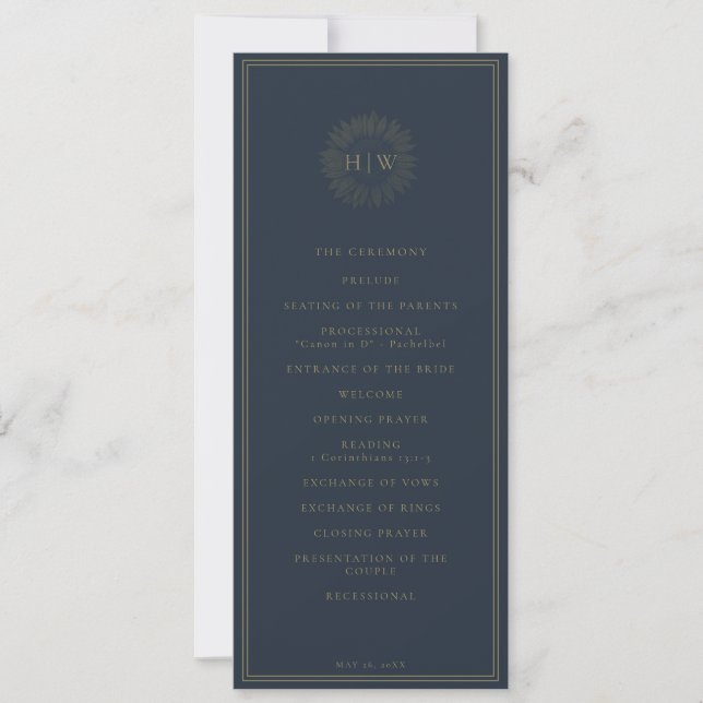 minimalistic navy sunflower wedding program invitation (Front)