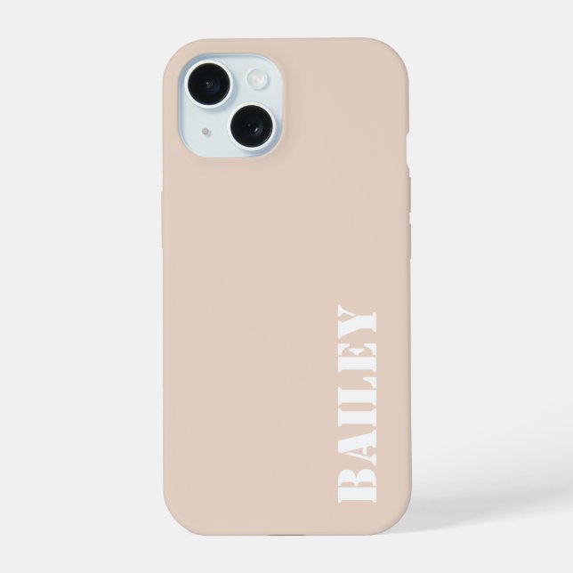 Minimalistic Neutral Beige Custom Name iPhone 15 Case (Back)