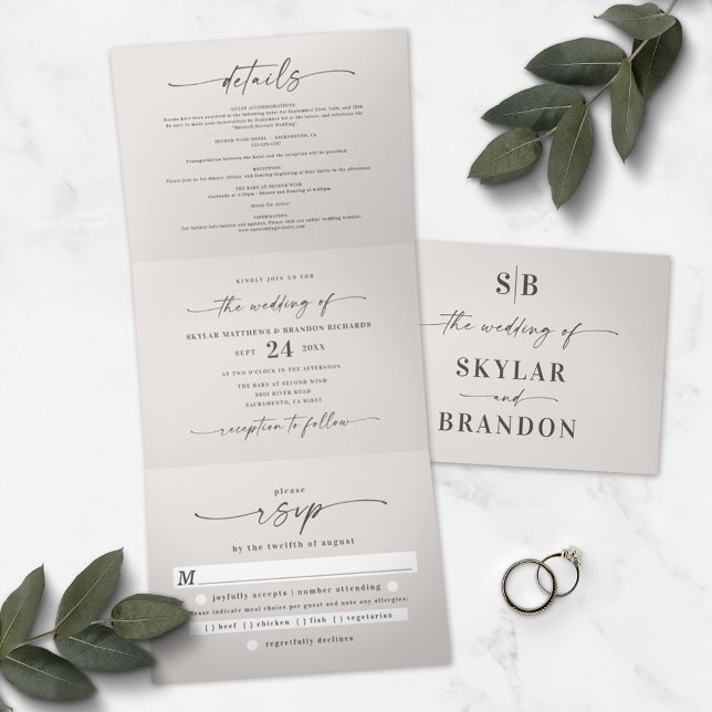 Minimalistic Off-White All In One Wedding Photo Tri-Fold Invitation (Creator Uploaded)