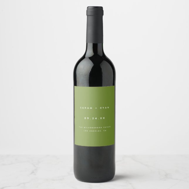 Minimalistic Olive Green Custom Names Wedding Wine Label (Front)