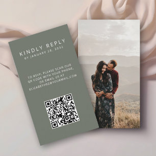 Minimalistic olive grey QR Code photo RSVP Enclosure Card