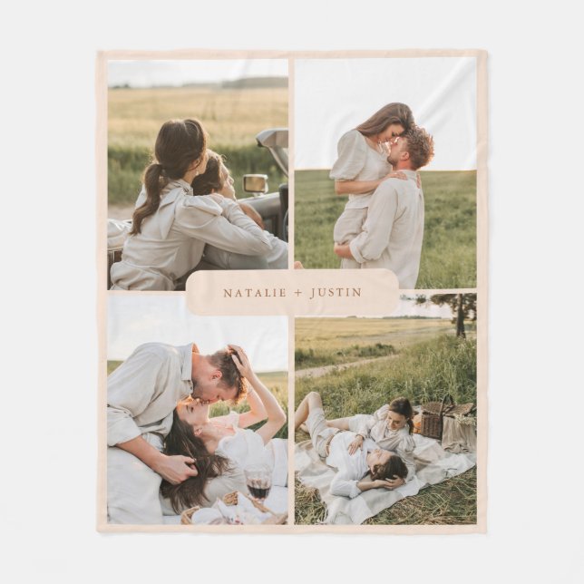 Minimalistic Personalised 4 Couple Photos Collage Fleece Blanket (Front)