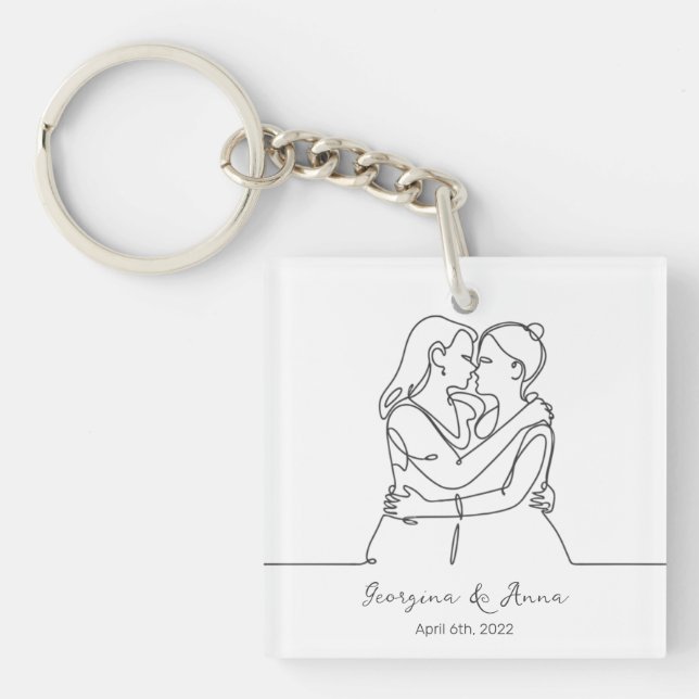 Minimalistic Personalised Lesbian Couple Line Art Key Ring (Front)