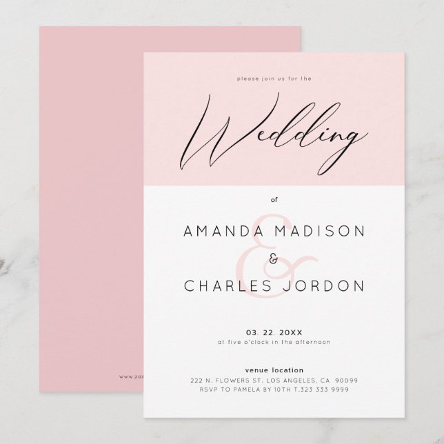 Minimalistic pink and white & Wedding typography Invitation (Front/Back)