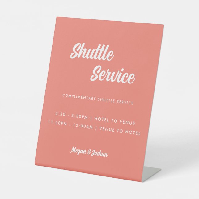 Minimalistic Pink Coral Wedding Shuttle Service Pedestal Sign (Front)