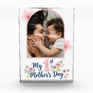 Minimalistic Pink Floral 1st Mother's Day Custom Photo Block