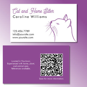 Minimalistic Purple White Cat Illustration QR code Business Card