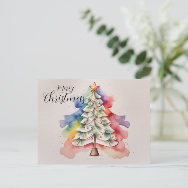Minimalistic Rainbow Watercolor Christmas Tree Holiday Postcard (Standing Front)