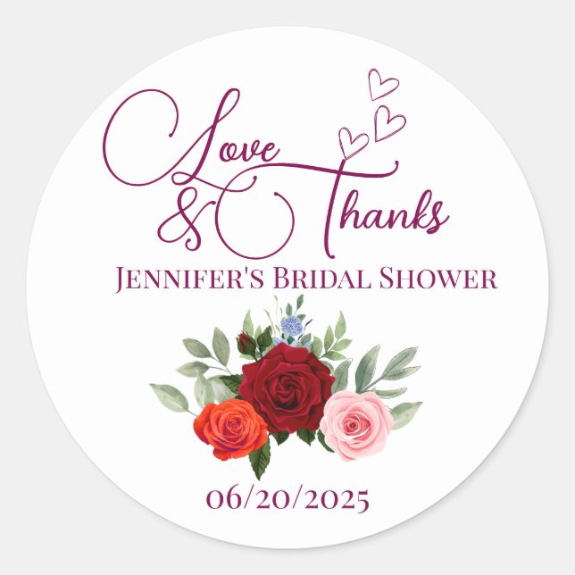 Minimalistic red rose love and thanks bridal  classic round sticker (Front)