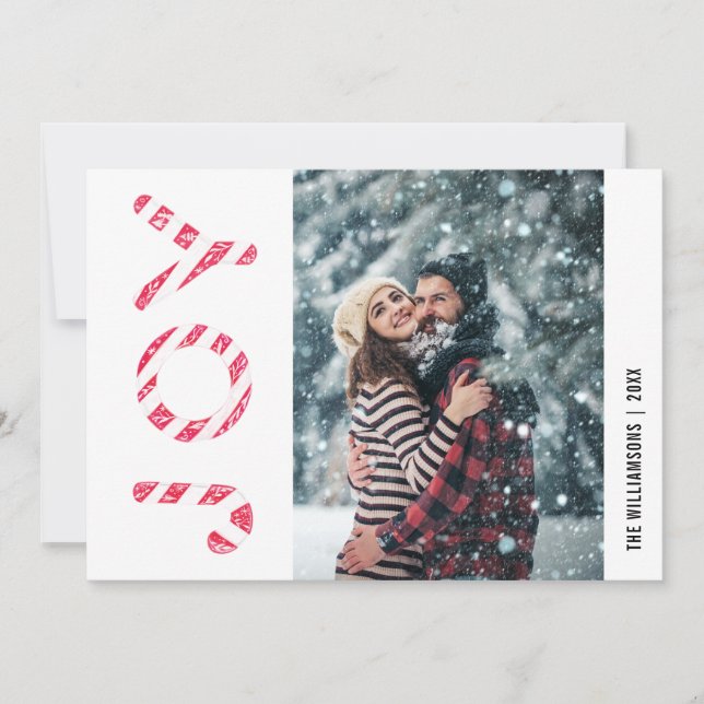Minimalistic Red White Stripe Candy Cane Joy Photo Holiday Card (Front)
