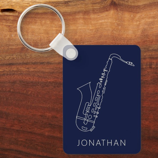 Minimalistic Saxophone Navy Line Saxo Personalised Key Ring (Front)