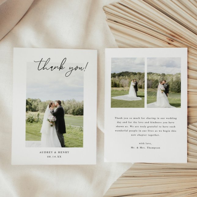 Minimalistic Script 3-Photo Wedding Couple Thank You Card (Creator Uploaded)