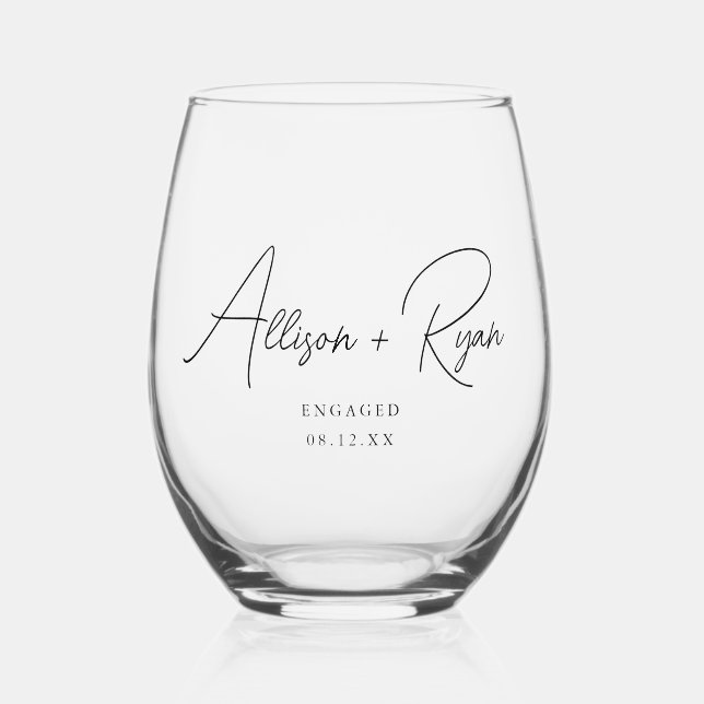 Minimalistic Script Custom Names Engagement Stemless Wine Glass (Front)