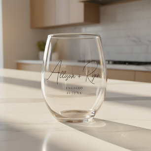 Minimalistic Script Custom Names Engagement Stemless Wine Glass