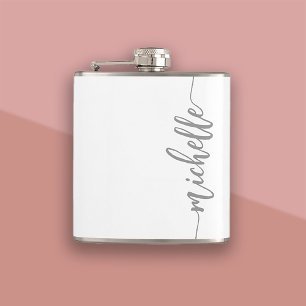 Minimalistic Script Personalised Name White Hip Flask